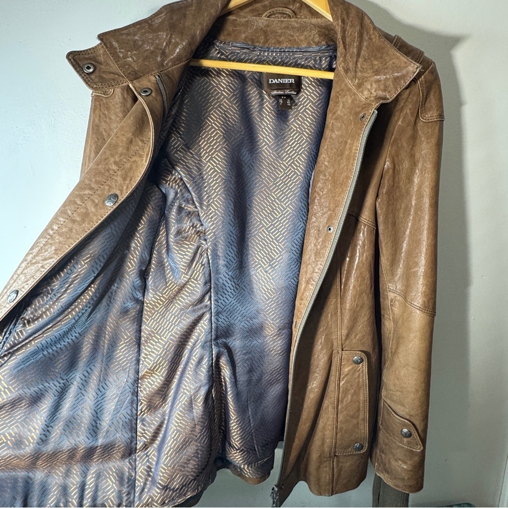 Y2K Danier Brown Leather Utility Jacket Snap Front Stand Collar Size Small - Picture 14 of 16
